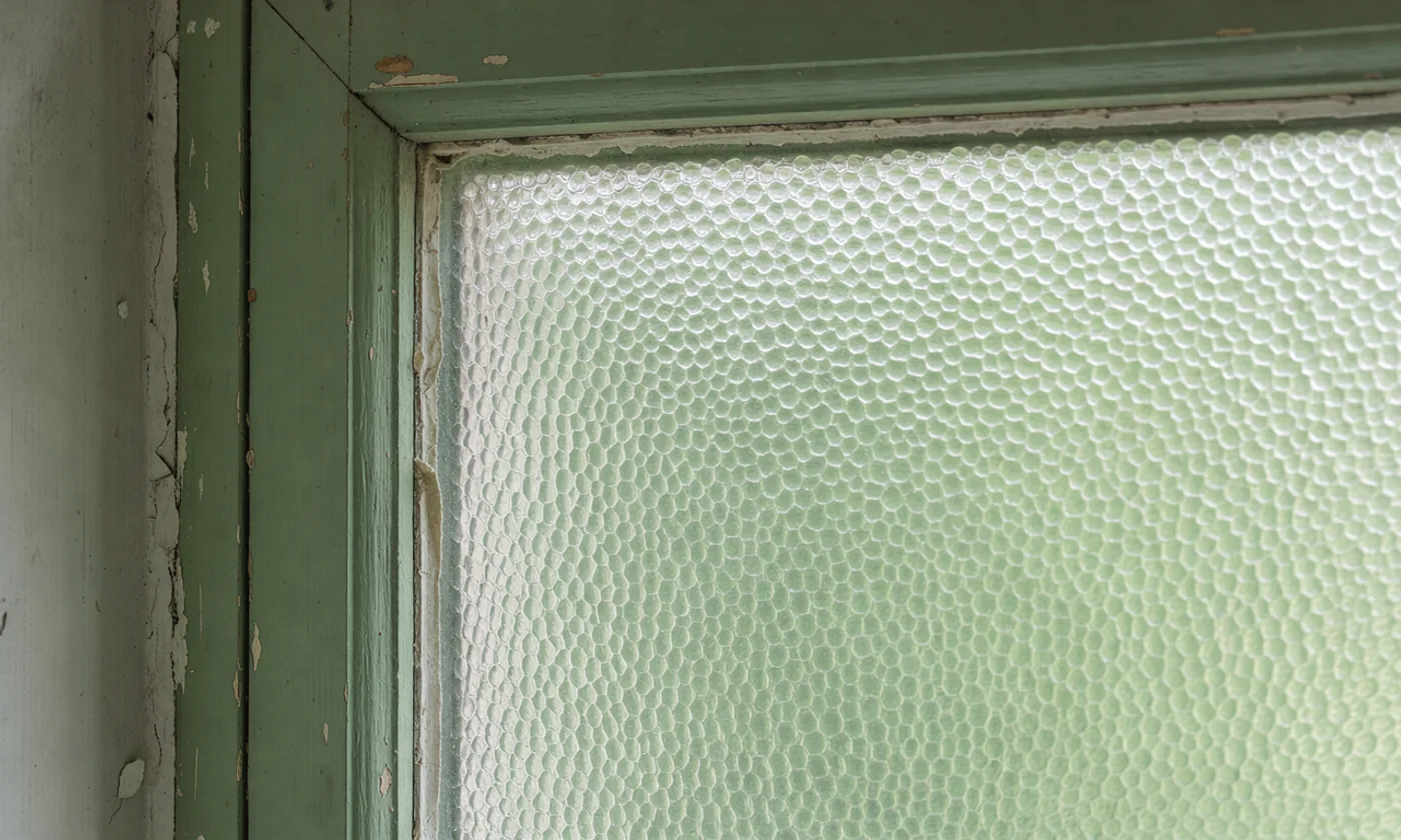 Diffused daylight through a frosted stairwell window in a square pine-green frame.
