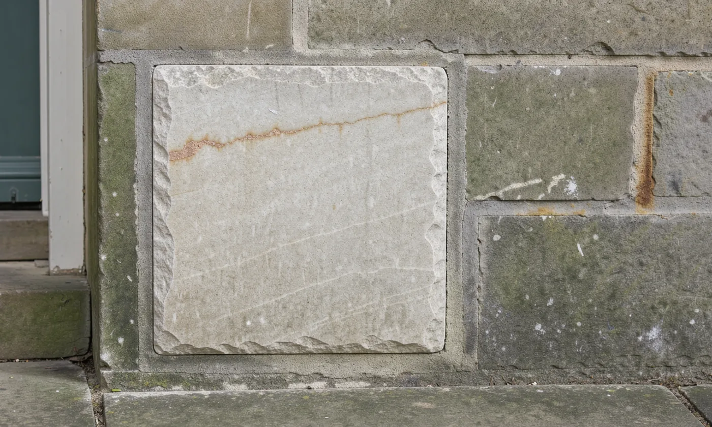 Blank inset limestone beside weathered green stone, with a small copper-coloured seam.